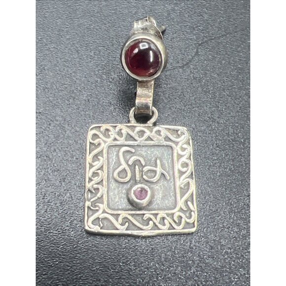 Vintage Sterling Silver Garnet Earrings Stud Square Dangle Geometric 1" Long - Picture 9 of 13